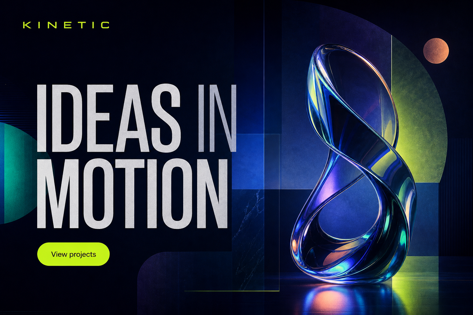 A dark, futuristic creative studio website with Ideas in Motion typography and a luminous glass sculpture